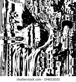 Vector illustration of black and white glitch distorted pattern.