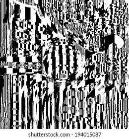Vector illustration of black and white glitch distorted pattern.