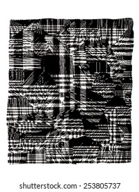 Vector illustration of black and white glitch distorted pattern. Tartan, plaid fabric.
