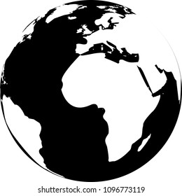 Vector illustration of black and white globe. Continents are white, seas and oceans are black