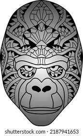 Ilustración vectorial de la gradación en blanco y negro Gorila cara de motivos étnicos, adecuado para diseños de camisetas, decoraciones de pared, logos, tatuajes