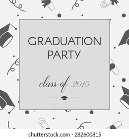 Vector illustration of black and white graduation party invitation. Vintage celebrating certificate or postcard template with tossing hats, balloons, diplomas and ribbons.