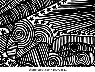 Vector illustration of black and white graphic abstract swirl pattern/background.