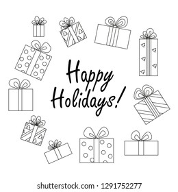 Vector illustration. Black and white, graphic, contour. Festive gifts. Multicolored boxes with bows. Congratulations Happy Holidays.