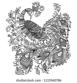 Vector illustration. Black and white graphics. Decorative bird in ethnic, Slavic style. Totem, tattoo. Mythical bird, Phoenix, heat-bird for sketches, design and printing.