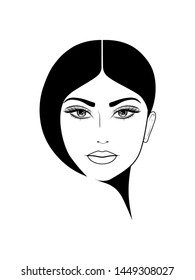 Vector Illustration. Black and white graphics. Stylized fashion portrait. Face of  young woman. Short asymmetrical haircut.