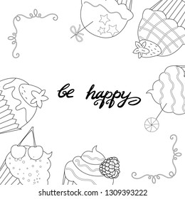 Vector illustration of black and white greeting card cupcakes