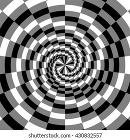 Vector Illustration. Black, White and Grey Spirals of the Rectangles Radial Expanding from the Center. Optical Illusion of  Depth and Volume. Suitable for Web Design.