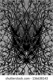 Vector illustration of black & white grey-scale abstract mystic drawing. Garden fence symmetry. Pattern / texture.