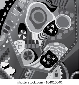 Vector Illustration Of Black And White, Greyscale Graphic Pattern. Childish, Willy Wonka, 70s.