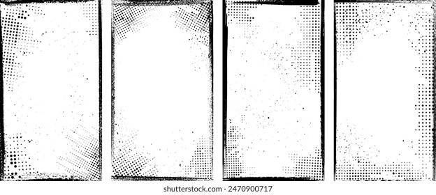 Vector illustration. Black and white grunge distressed banner set. Halftone faded dots. Ink brush strokes border. Design for social networks, flyer, voucher, coupon, photo frame