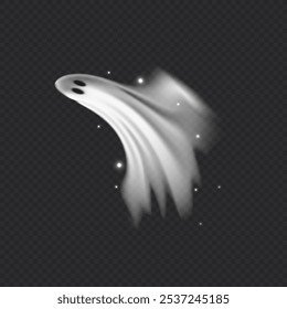 Vector illustration of black and white halloween ghost figure with sparkling particles. Realistic phantom silhouette on isolated dark transparent background. Flying scary spirit.