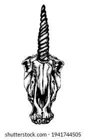 vector illustration of a black and white hand drawn skull unicorn