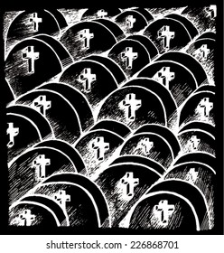 Vector illustration of black & white hand drawn graveyard. Tombs, graves, cemetery.