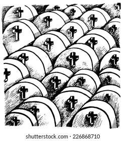 Vector illustration of black & white hand drawn graveyard. Tombs, graves, cemetery.