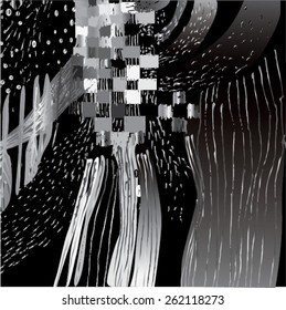 Vector illustration of black and white hand drawn graphic pattern / background. Checkers, lines, distressed, distorted, grunge image.