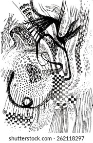Vector illustration of black and white hand drawn graphic pattern / background. Checkers, lines, distressed, distorted, grunge image.