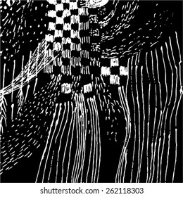 Vector illustration of black and white hand drawn graphic pattern / background. Checkers, lines, distressed, distorted, grunge image.