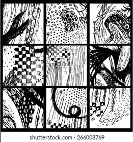 Vector illustration of black and white hand drawn graphic pattern / background. Checkers, lines, distressed, distorted, grunge image.