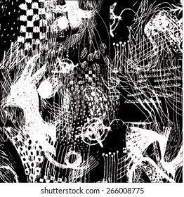 Vector illustration of black and white hand drawn graphic pattern / background. Checkers, lines, distressed, distorted, grunge image. Doodle.