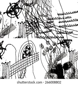 Vector illustration of black and white hand drawn graphic pattern / background. Checkers, lines, distressed, distorted, grunge image. Doodle.