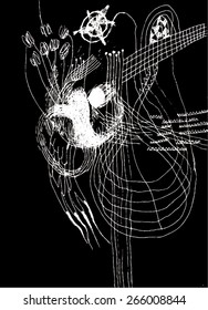 Vector illustration of black and white hand drawn graphic pattern / background. Checkers, lines, distressed, distorted, grunge image. Doodle.