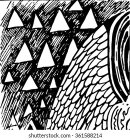 Vector illustration of black & white hand drawn graphic pattern / background. Triangles, lines, distressed, distorted, roof, grunge image. Doodle.