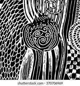 Vector illustration of black and white hand drawn graphic pattern / background. Checkers, lines, distressed, distorted, plant, grunge image.