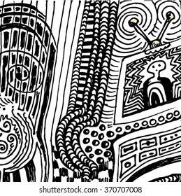 Vector illustration of black and white hand drawn graphic pattern / background. Checkers, lines, distressed, distorted, tube, alien, tv, grunge image.