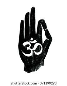 Vector illustration in black and white with hand in pose Jnana or Chin mudra and buddhist sign Om. Hand drawn charcoal textured background and religious symbol. Typography poster and card design.