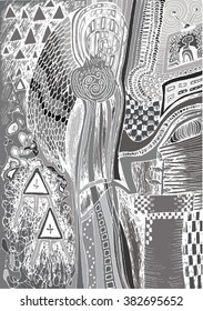 Vector illustration of black and white hand drawn graphic pattern / background. Checkers, lines, distressed, distorted, tube, plant, triangles, grunge image.