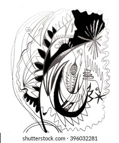 Vector illustration of black and white hand drawn graphic pattern / background. Face, lines, distressed, distorted, grunge image. Doodle.