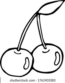 vector illustration black and white, hand-drawn in doodle style two cherries on a branch with a leaf