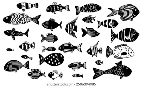 Vector illustration black and white hand-drawn set fish. Cartoon doodle childish animal cute and outline drawing design. Underwater aquarium line element. Collection sketch funny marine tropical