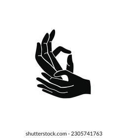 Vector illustration in black and white with hands, Buddhist sign. Silhouette.