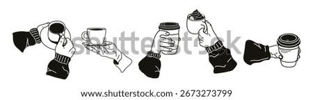 Vector illustration in black and white of hands holding various coffee cups and to-go paper cups, drawn in line art and doodle style. Hand-drawn depiction of morning coffee, takeaway drinks. Isolated