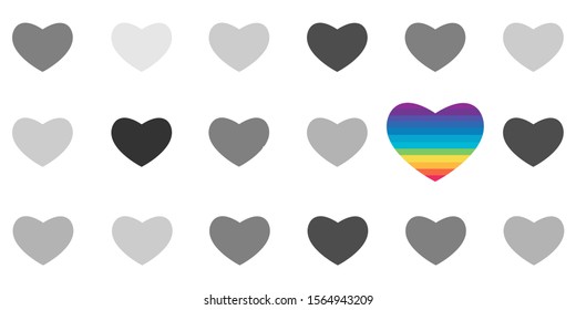 vector illustration of black and white hearts and rainbow heart for unique love banner
