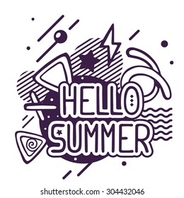 Vector illustration of black and white hello summer quote on abstract background. Hand draw line art design for web, site, advertising, banner, poster, board and print.