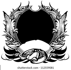 Vector Illustration Of A Black And White Heraldry Crest With Inset Frame, Wings, Blank Banner, And Leafy Ornamental Scroll Design Elements.