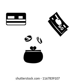  Vector illustration, black and white icon of the payments signs: credit card, cash, coins, purse.