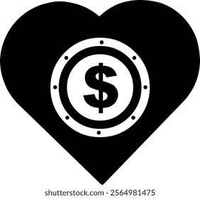 vector illustration black and white icon heart and coin with the dollar sign, in donation concept