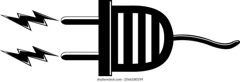 vector illustration black and white icon wall plug with electricity rays, in concept of electrical energy