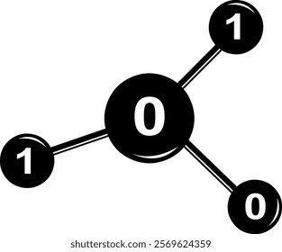 vector illustration black and white icon molecule with numbers 0 and 1 of binary code system, in nanotechnology or biotechnology concept