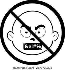 vector illustration black and white icon emoticon cartoon character, mouth censored insult text and a prohibited sign, in concept forbidden say obscene words