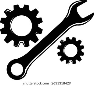 Llave de tuerca de icono en blanco y negro de Ilustración vectorial y engranajes en ingeniería mecánica o concepto de reparación