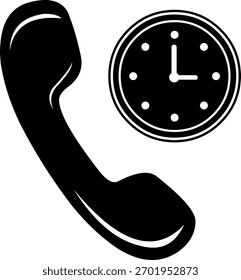 Tubo y reloj del teléfono del icono blanco y negro de la Ilustración vectorial en concepto del tiempo de llamada