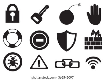 Vector illustration black and white icon set on internet risk and security concept isolated on white background.