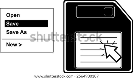 vector illustration black and white icon pop-up context window menu with save options and a computer mouse clicking floppy disk
