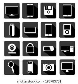 vector illustration black and white icons with shadow with gadgets