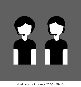 
vector illustration black and white icons of call center operators, a minimalistic image of a girl and a man in headphones with a microphone, with a headset